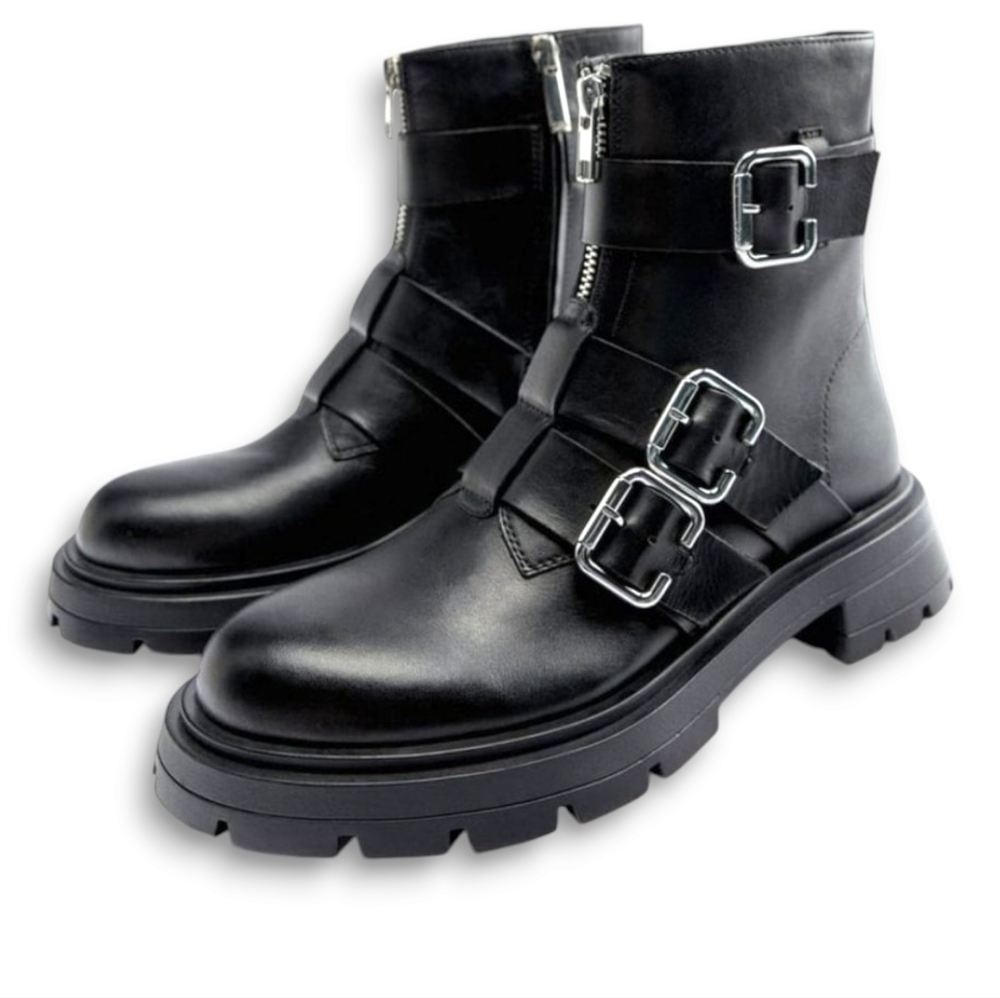 ZARA Leather Flat Ankle Boots Buckled Straps